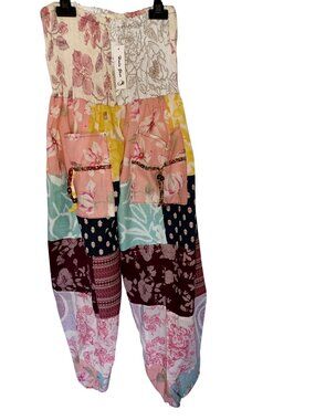 Patchwork Boho Patchwork Harem Pants Elastic Waist Pockets Womens S/M